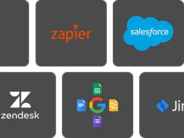 Integration logos: Zapier, Salesforce, Zendesk, Google Sheets, Jira