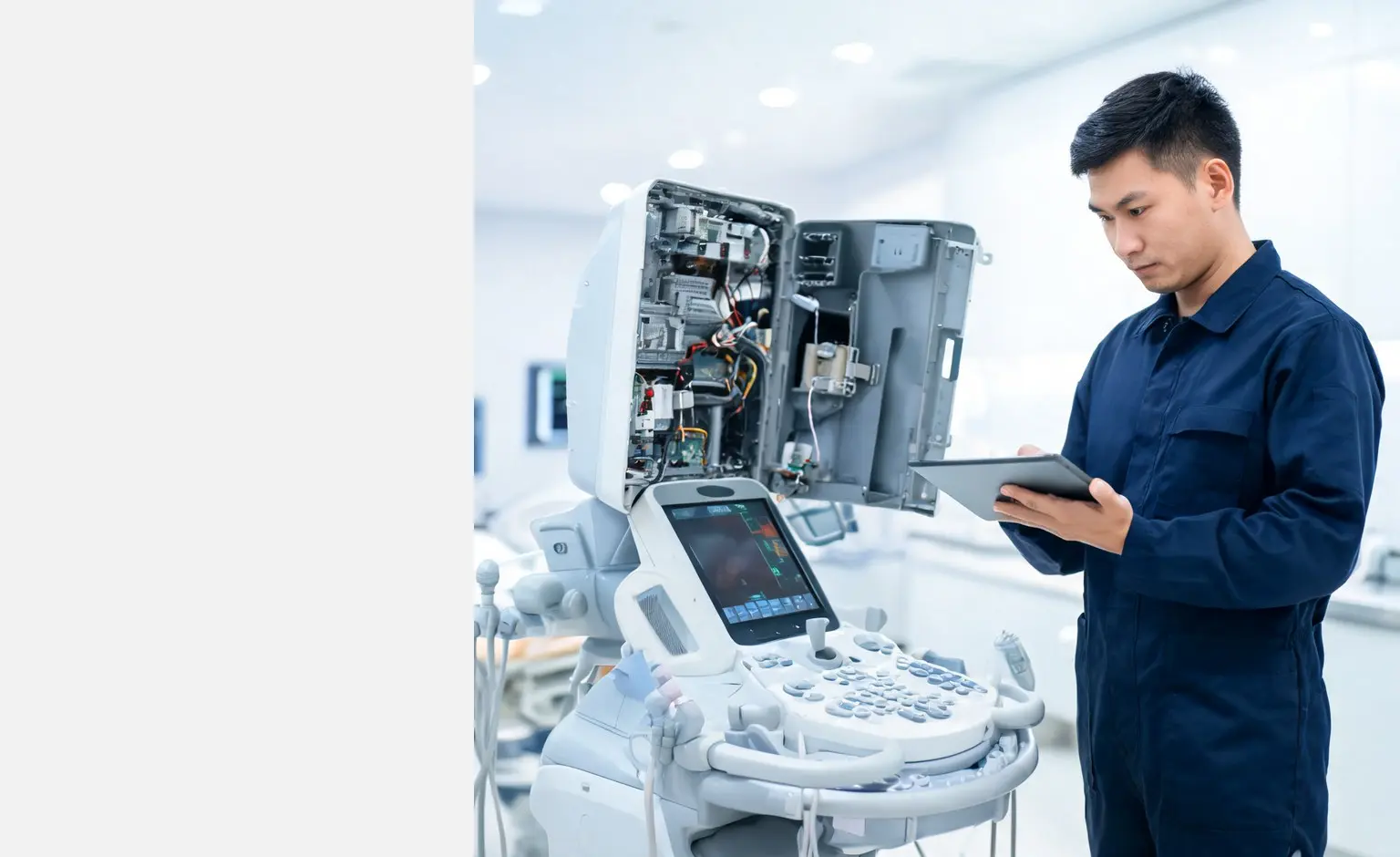 Service engineer maintaining an ultrasound machine in a clinic